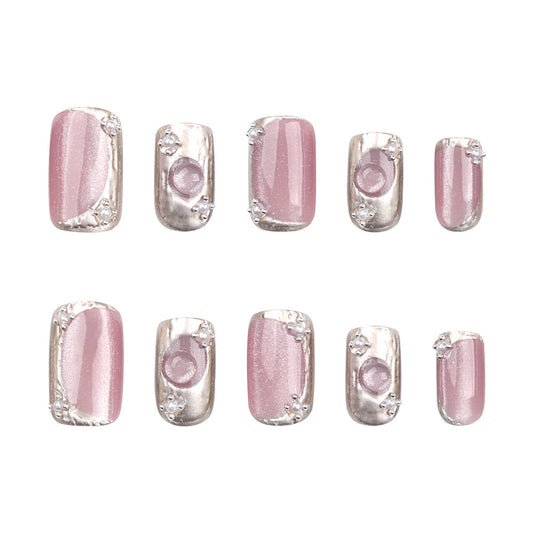 Glamorous Rose Quartz Inspired Press On Nail Set in Medium Square Shape with Iridescent Pink Finish and Sparkling Gemstone Accents