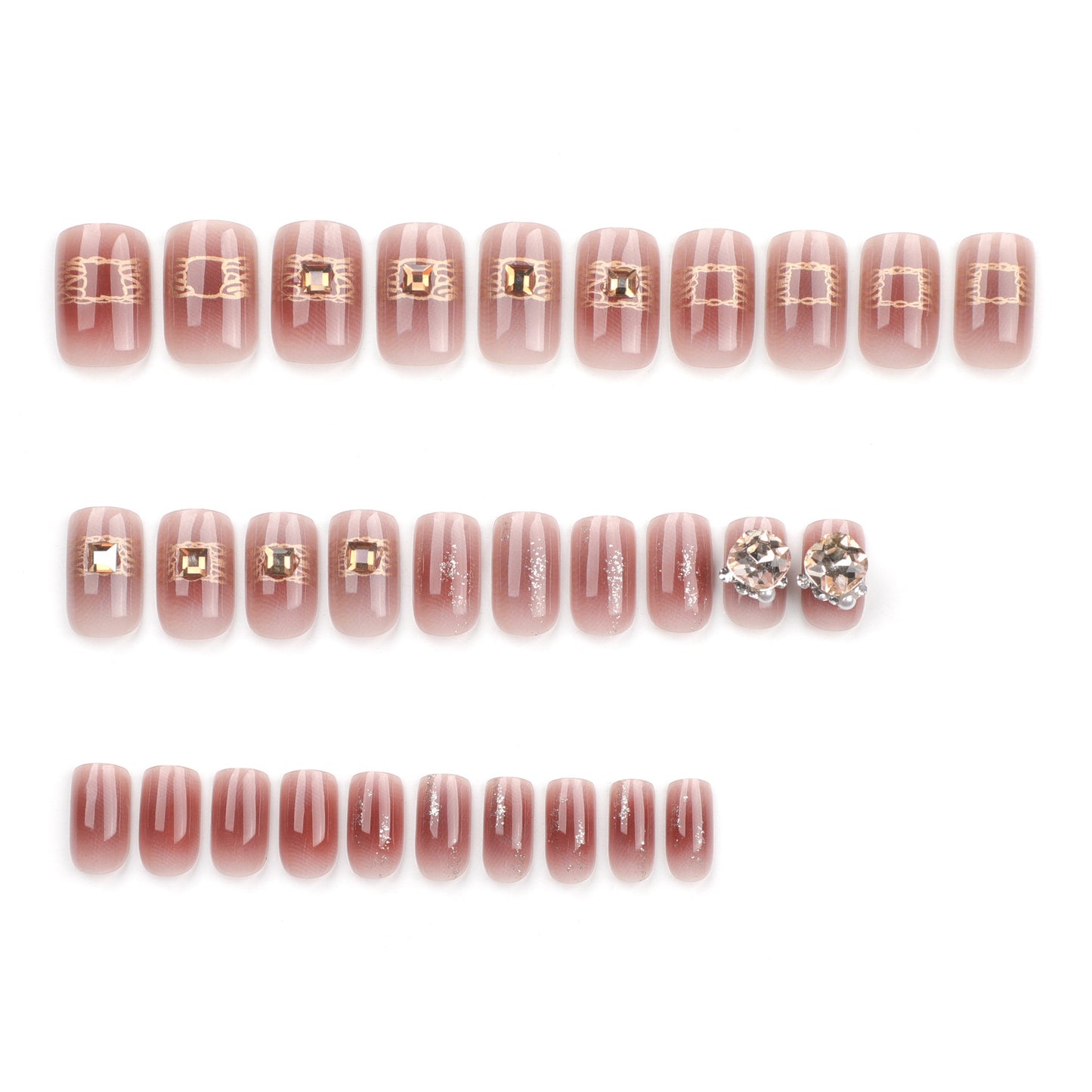 Glamorous Rose Pink Short Square Shape with Sparkling Gem Accents Press On Nail Set