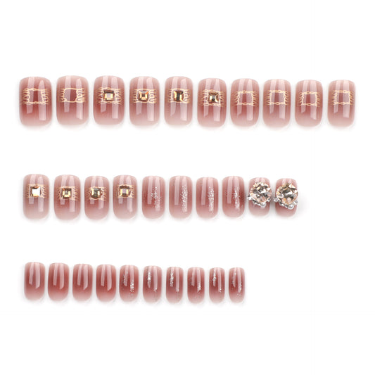 Glamorous Rose Pink Short Square Shape with Sparkling Gem Accents Press On Nail Set