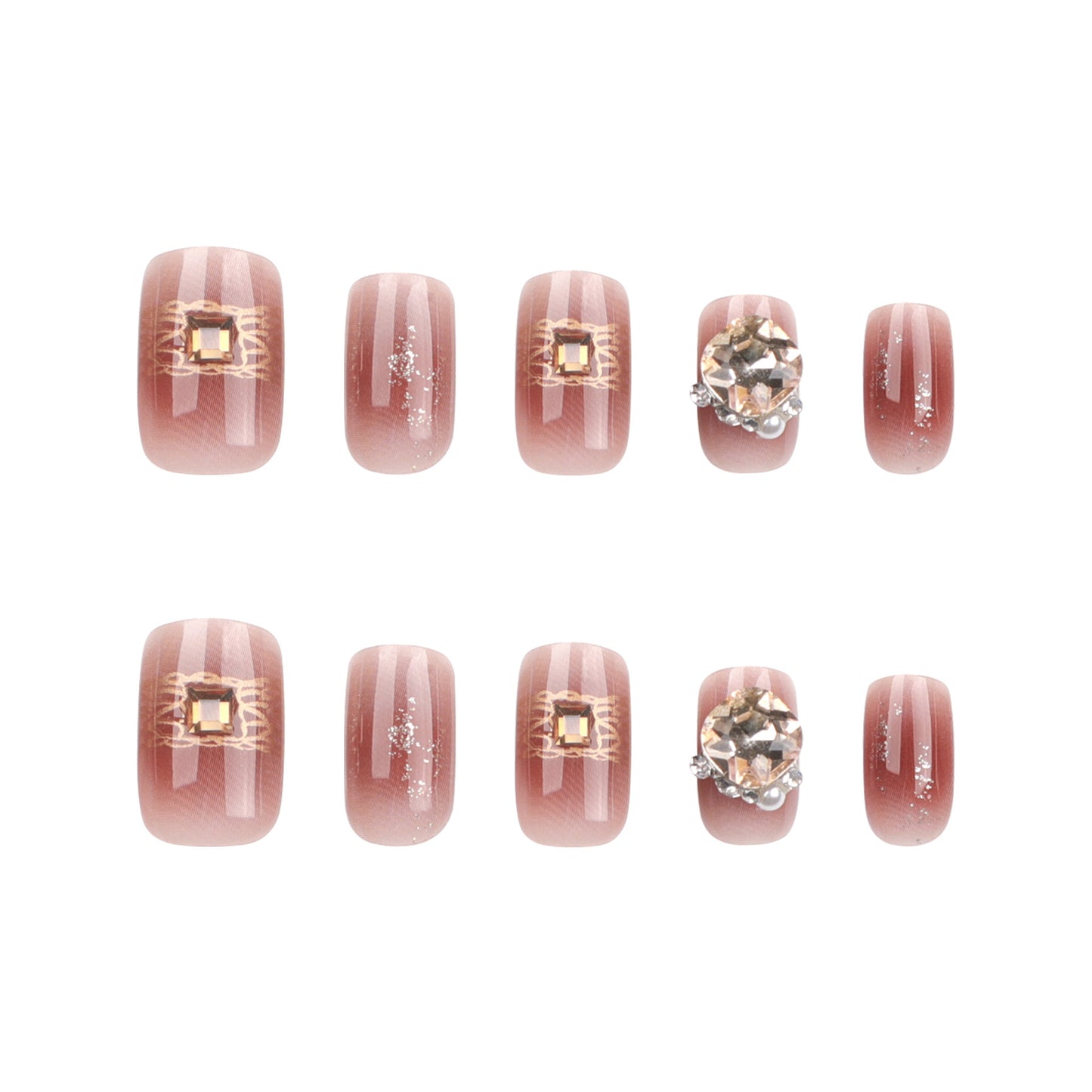 Glamorous Rose Gold Ombre Medium Squoval Press On Nail Set with Sparkling Gem Accents