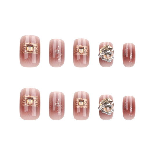 Glamorous Rose Gold Ombre Medium Squoval Press On Nail Set with Sparkling Gem Accents