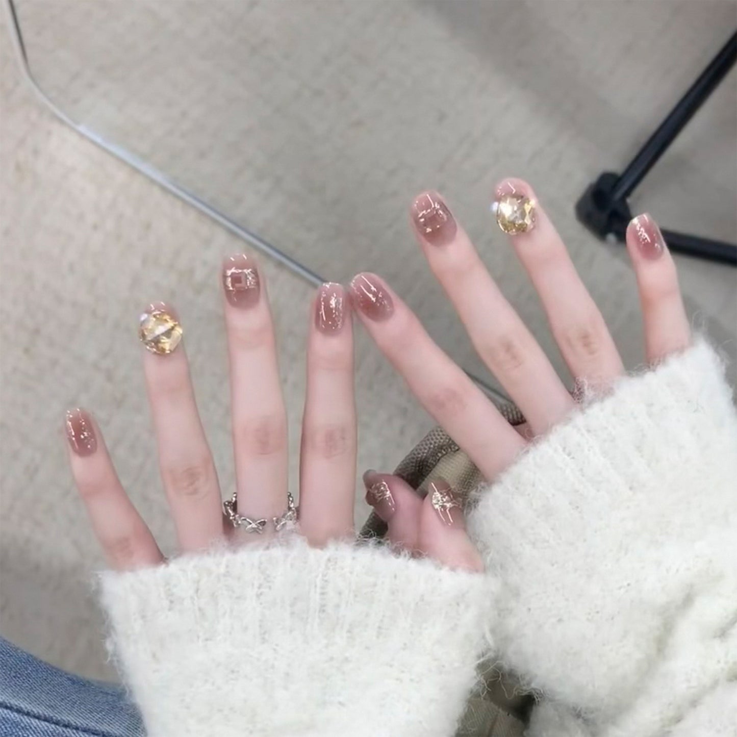 Elegant Charm Short Oval Beige Press On Nail Set with Sparkling Gem Accents