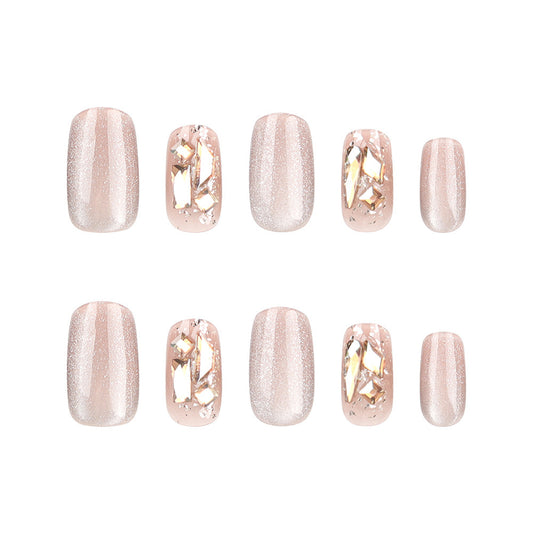 Whimsical Elegance Press On Nail Set Short Squoval Soft Pink with Glitter and Gemstone Accents