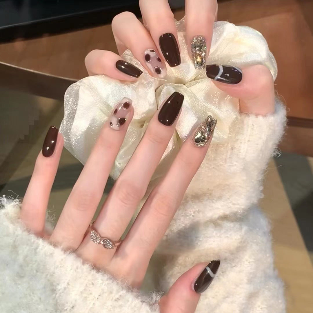 Elegant Evening Medium Coffin Espresso Brown Press on Nail Set with Rhinestone Accents