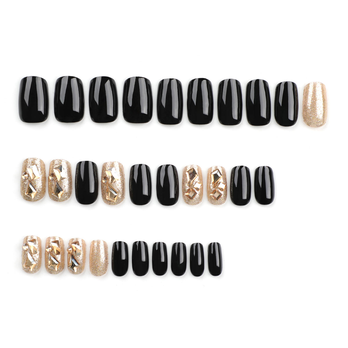 Gothic Elegance Short Squoval Glossy Black and Gold Press-On Nail Set with Unique Textured Accents