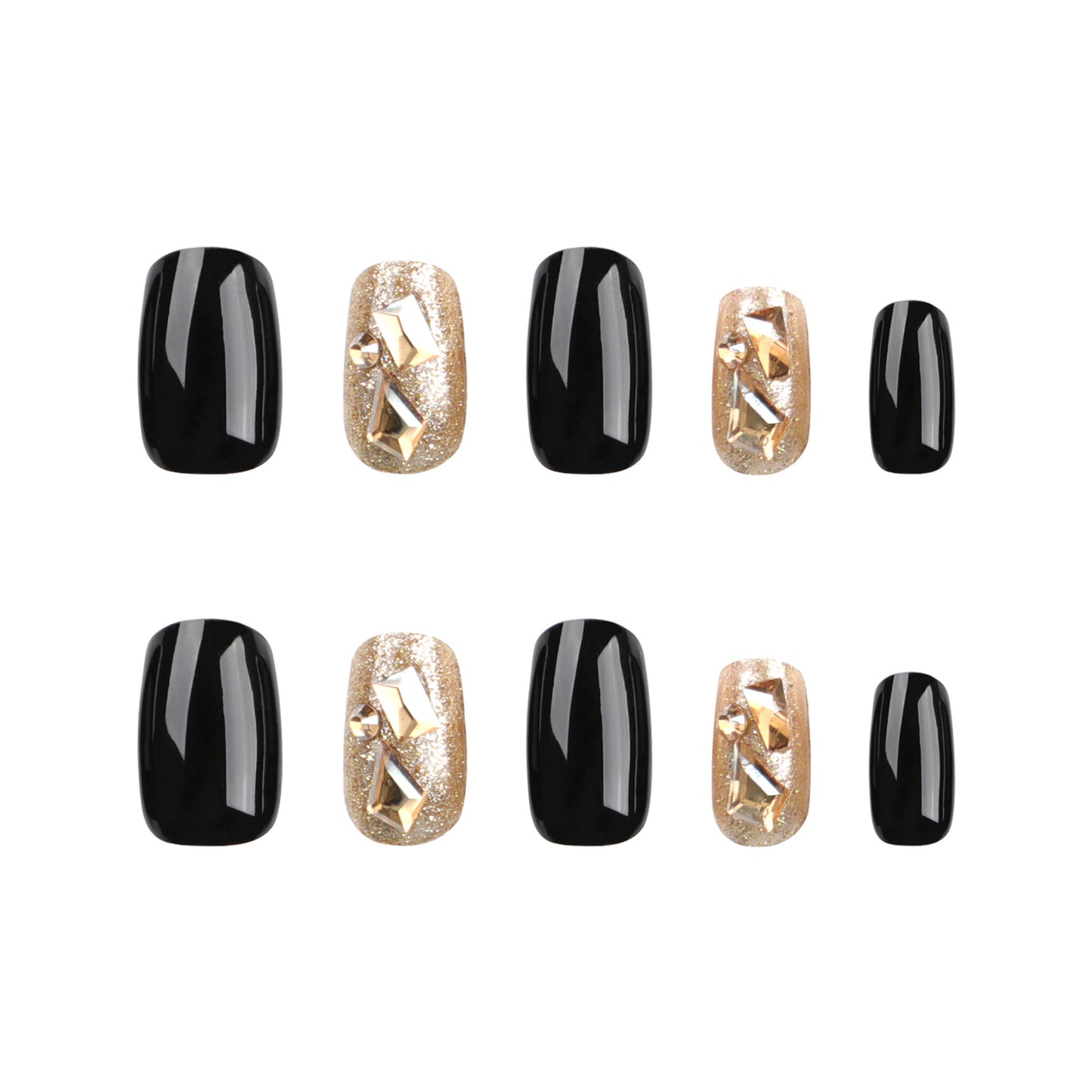 Glamorous Elegance Glossy Black and Shimmering Gold Medium Squoval Press on Nail Set with Unique Geometric Design