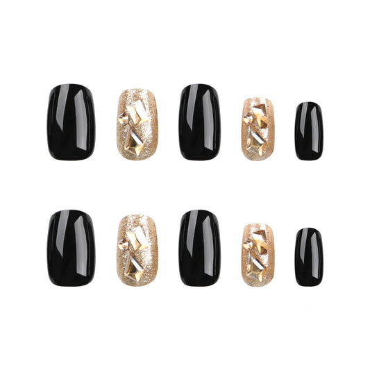 Glamorous Elegance Glossy Black and Shimmering Gold Medium Squoval Press on Nail Set with Unique Geometric Design