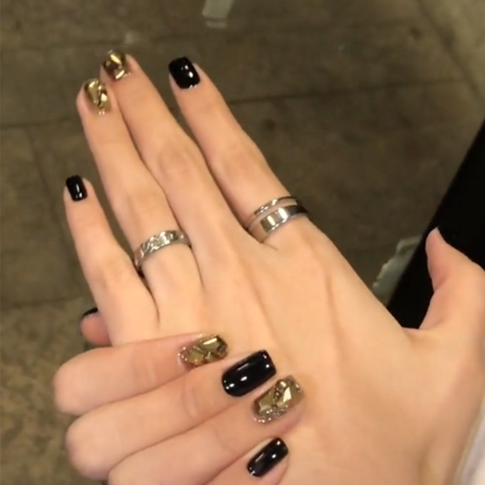 Elegant Royal Affair Short Square Black and Gold Press On Nails with Glitter Accents and Rhinestone Embellishments