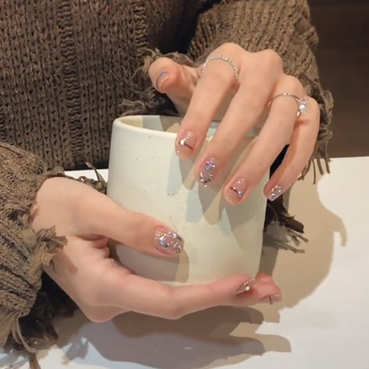 Starry Night Glitter Short Round Pink Press On Nail Set with Rhinestone Accents