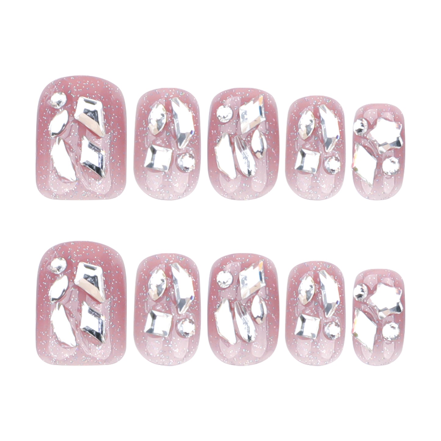 Glittering Rose Dream Short Square Soft Pink with Sparkling Gemstone Accents Press On Nail Set