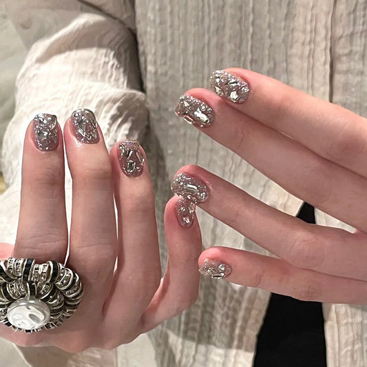 Glistening Galaxy Press On Nail Set Short Square Silver Metallic Shimmer with Unique Textured Design