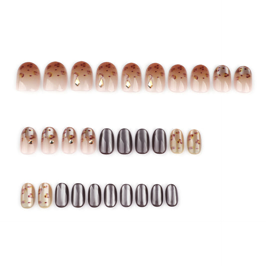 Gourmet Charm Short Round Brown Ombre and Dark Glossy Press On Nail Set with Shimmering Accents