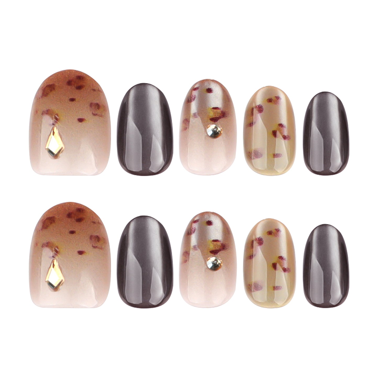 Autumn Elegance Short Oval Ombre Brown and Black Nail Set with Sparkling Accents