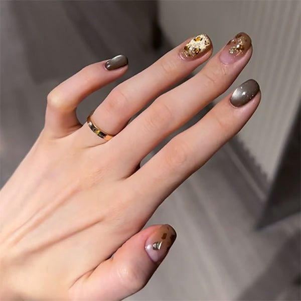 Elegant Autumn Vibe Short Square Shaped Earthy Brown with Gold Foil Accents Press-On Nail Set