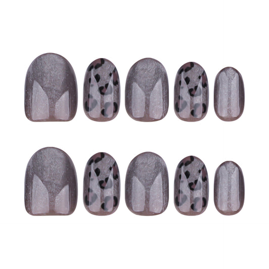 Chic Leopard Glamour Short Round Shaped Grey Press On Nail Set with Unique Textured Finish