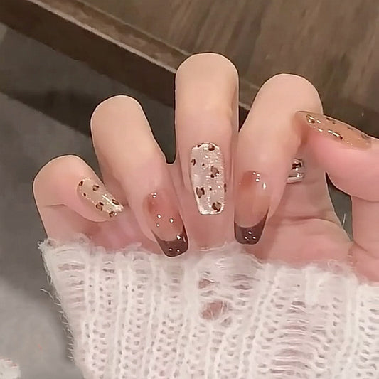 Autumn Elegance Short Coffin Warm Brown and Beige Gradient with Glitter Accents Press on Nail Set