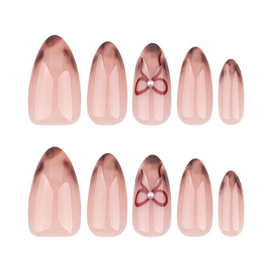 Chic Romance Short Almond Shaped Gradient Pink Press On Nail Set with Elegant Bow Detail