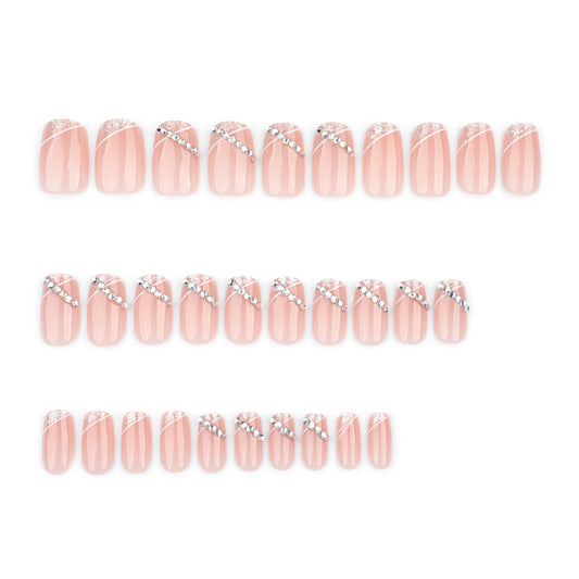 Elegant Charm Short Square Blush Pink Press-On Nails with Sparkling Rhinestone Accents