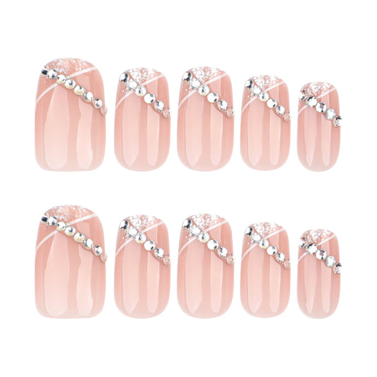 Glamorous Elegance Short Square Shape Soft Pink Press On Nail Set with Sparkling Gem Accents