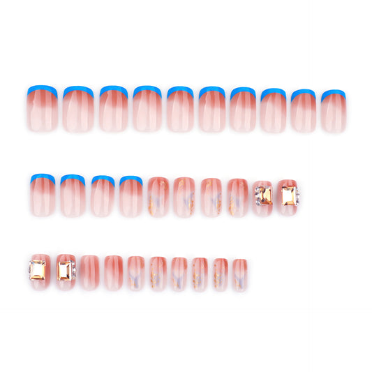 Nautical Charm Extra Short Square Pink Gradient Press On Nail Set with Vibrant Blue Tips and Sparkling Gems