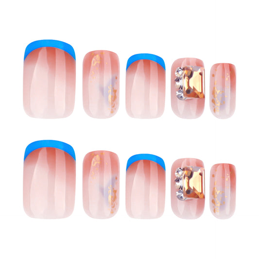 Glamorous Ocean Inspired Short Square Press on Nail Set in Soft Pink with Bold Blue Tips and Glittering Gold Accents