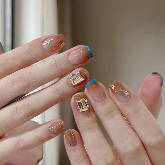 Enchanted Elegance Short Square Ombre with Gold Sparkle and Blue French Tips Press-On Nail Set