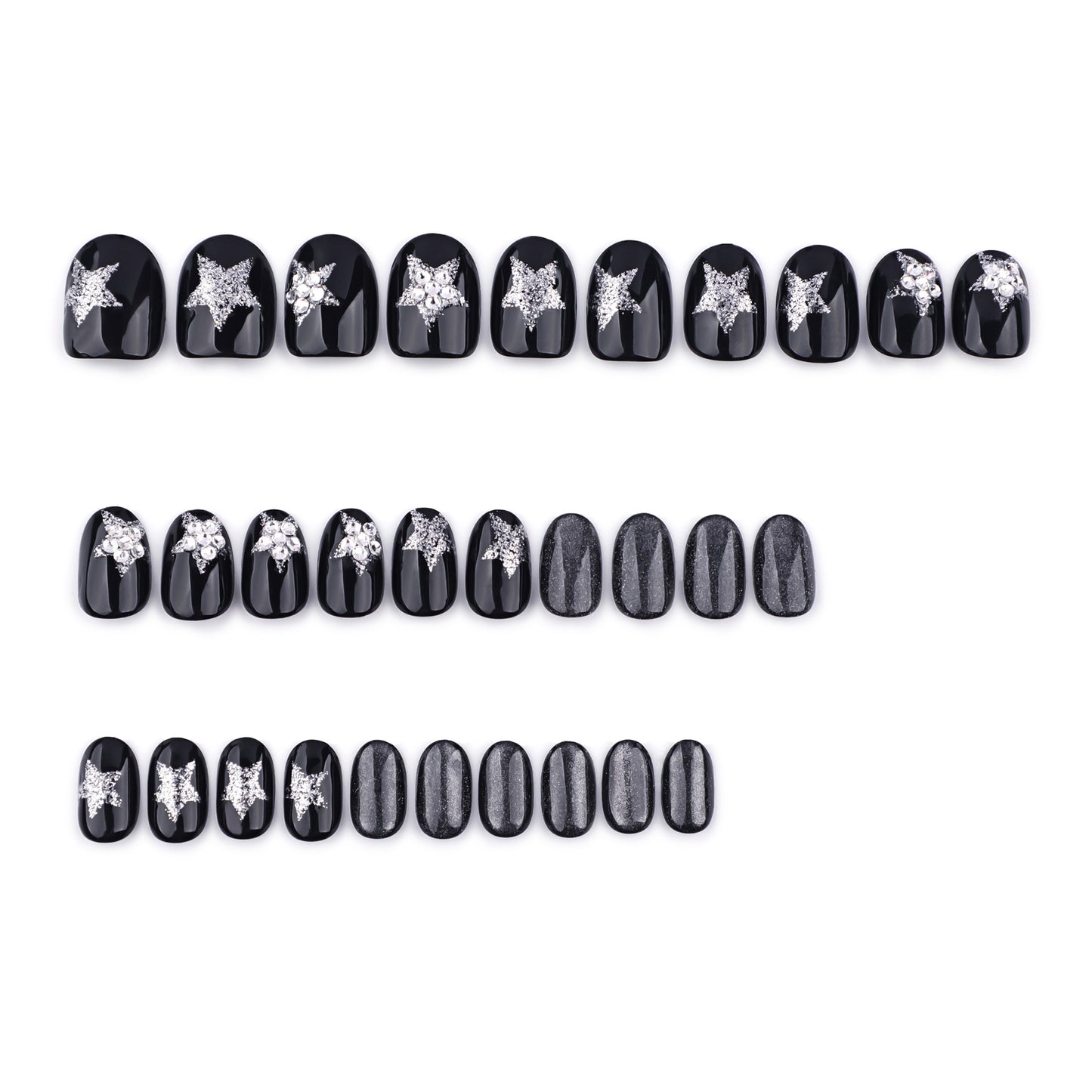 Celestial Elegance Short Round Black Press On Nail Set with Sparkling Star Accents