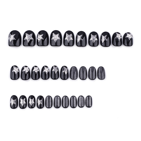Celestial Elegance Short Round Black Press On Nail Set with Sparkling Star Accents