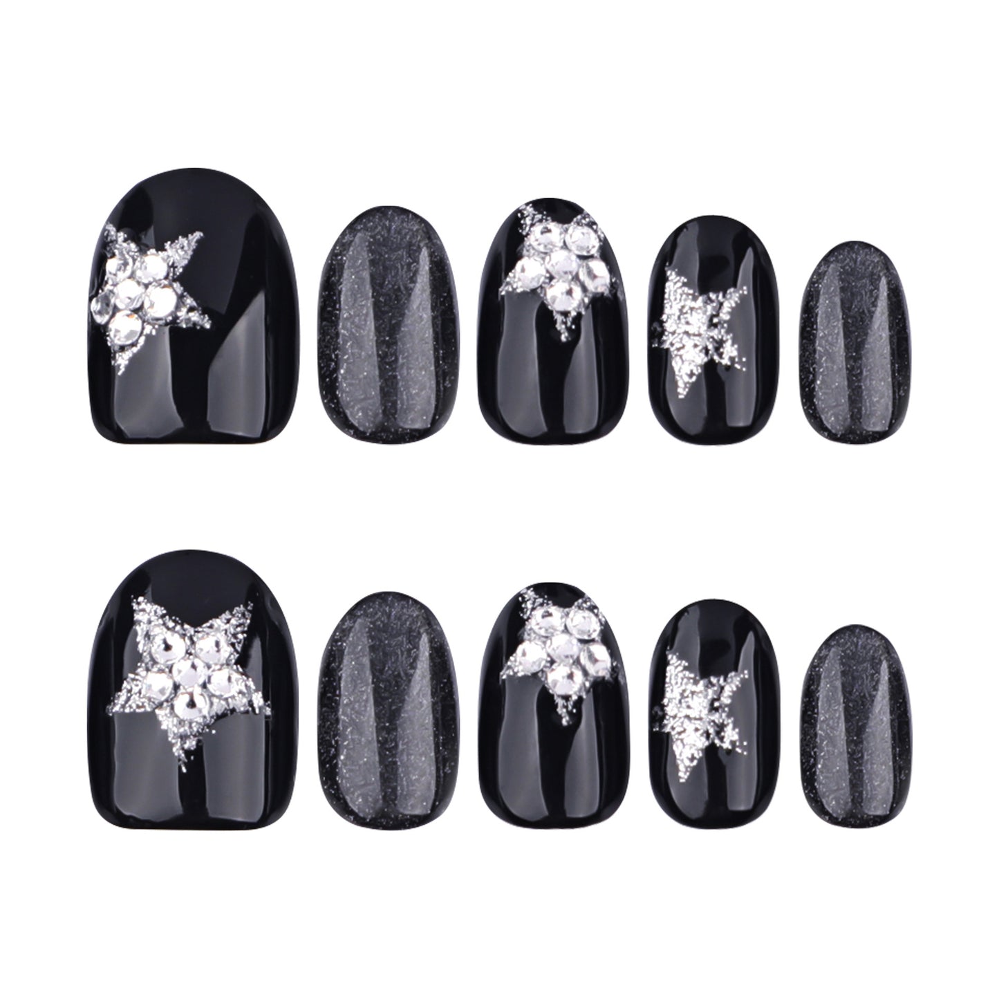 Glamorous Midnight Charm Short Round Black Press-On Nail Set with Sparkling Star Accents
