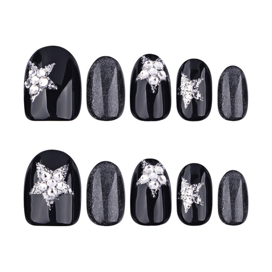 Glamorous Midnight Charm Short Round Black Press-On Nail Set with Sparkling Star Accents