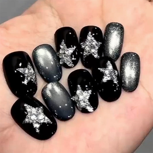 Celestial Glamour Short Round Dark Black and Shimmering Star Accented Press-On Nail Set