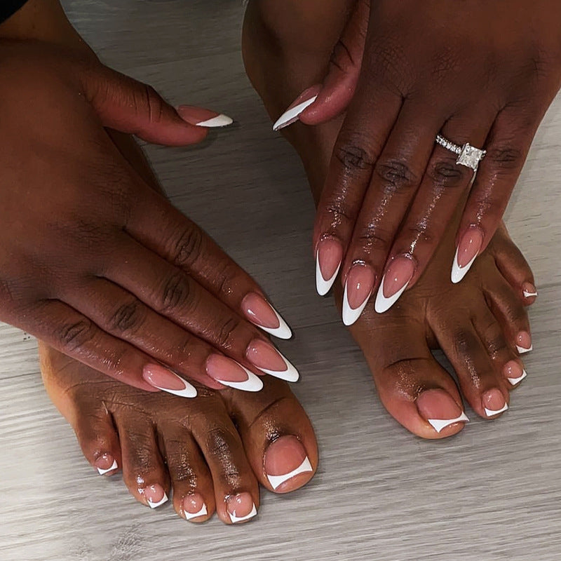 Bridal Elegance Extra-Long Almond Pink and White Ombre Press On Nail Set with Glossy Finish