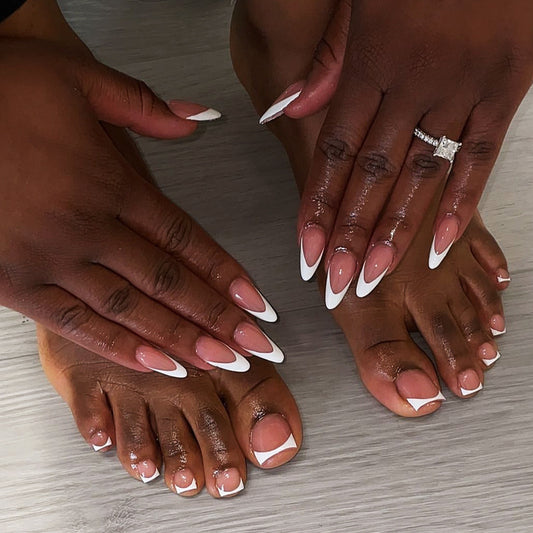 Bridal Elegance Extra-Long Almond Pink and White Ombre Press On Nail Set with Glossy Finish
