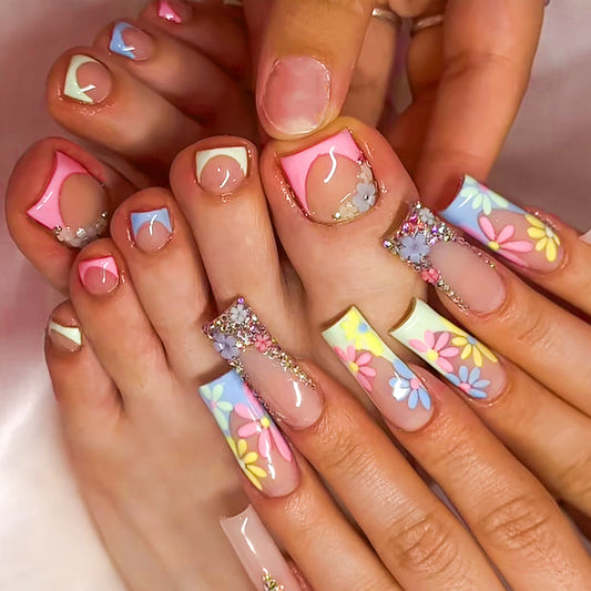 Floral Fantasy Extra Long Square Press On Nail Set Multicolor with Glitter Accents and Flower Design