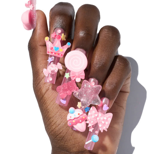 Candy Fantasy Long Coffin Pink Press on Nail Set with 3D Charms and Glitter Accents