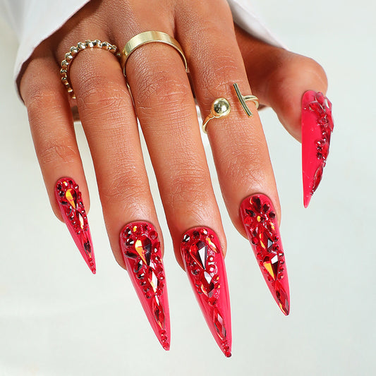 Enchanted Ruby Red Stiletto Long Press On Nails with Glamorous Crystal Accents