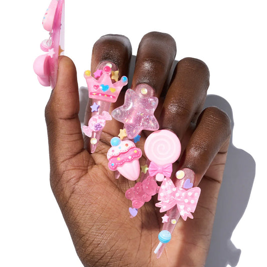Candy Fantasy Long Stiletto Pink Press On Nail Set with 3D Charms and Glitter Accents