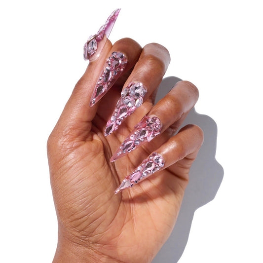 Enchanted Glamour Long Stiletto Pink Press On Nails with Sparkling Embellishments
