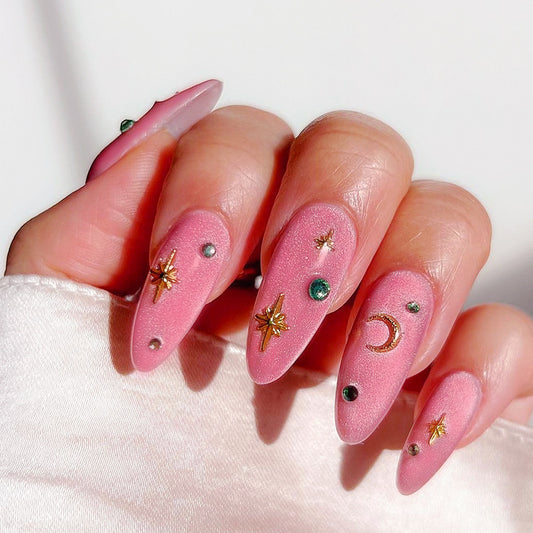 Celestial Dreams Long Almond Pink Press On Nail Set with Glittering Star and Moon Accents