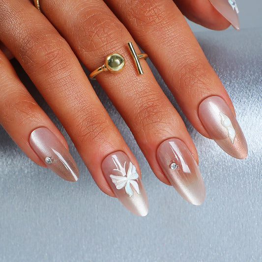 Enchanted Elegance Long Almond Pearl White Press On Nail Set with Rhinestone Accents