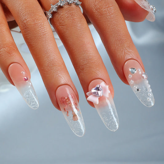 Enchanted Elegance Long Almond Ombre Pink Press On Nail Set with 3D Embellishments and Rhinestones