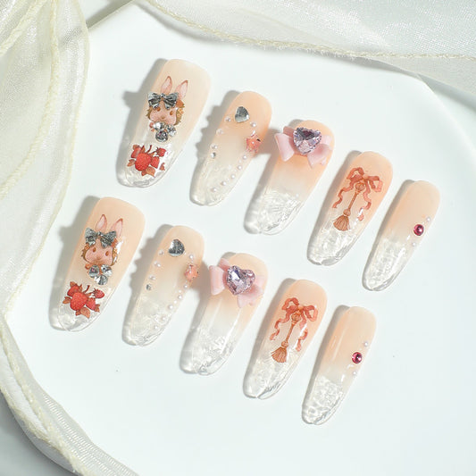 Enchanted Elegance Long Almond Peach Press On Nails with 3D Embellishments and Crystals
