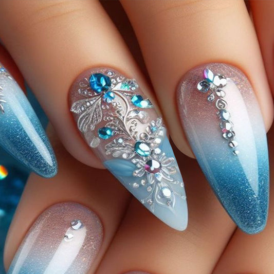 Enchanted Elegance Long Stiletto Ombre Blue Press On Nail Set with Rhinestone Accents and Glitter Finish