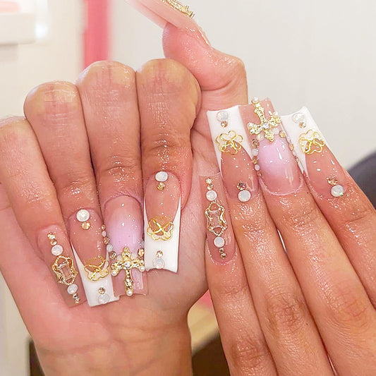 Enchanted Elegance Extra Long Square Pink Ombre Press On Nail Set with Gold Embellishments and Rhinestone Accents