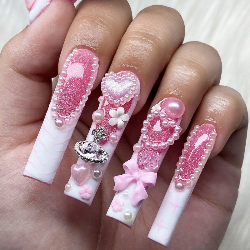 Cute Dreamy Pink Long Square Press On Nail Set with Glittery Heart and Pearl Embellishments