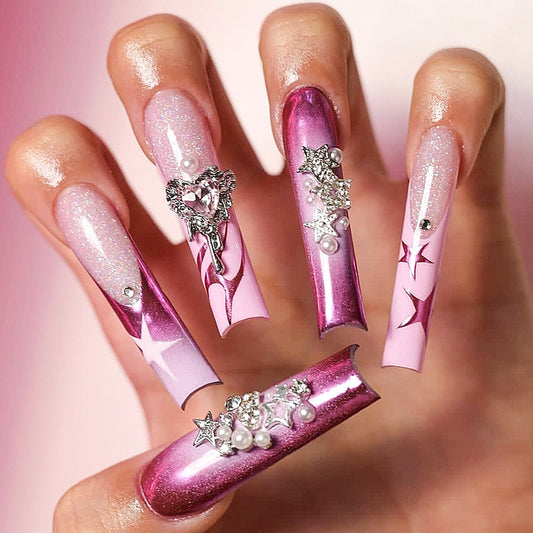 Glamorous Dreamy Long Square Shape Gradient Pink Press On Nail Set with Star and Gemstone Accents