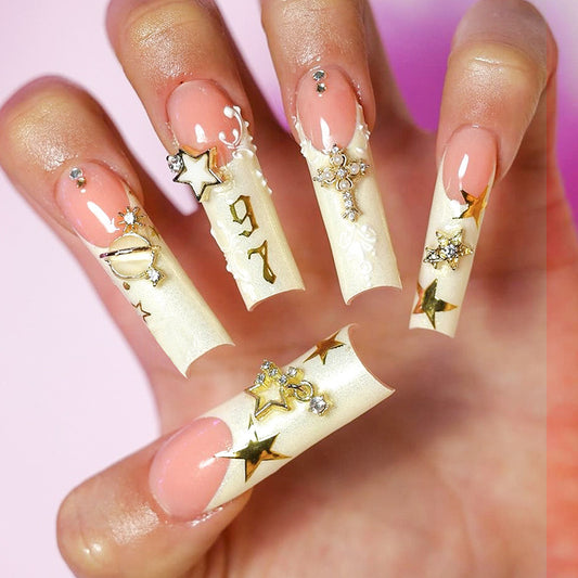 Celestial Glam Long Square Shaped Beige and Gold Star Embellished Press On Nail Set
