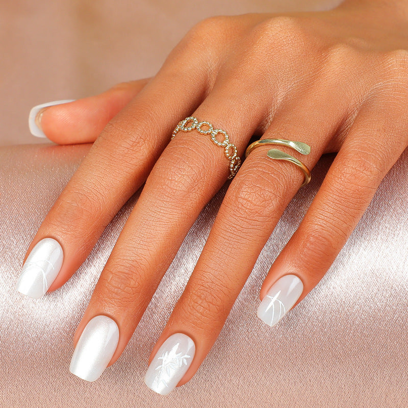 Tropical Dream Square Press On Nails Medium White with Elegant Leaf Design