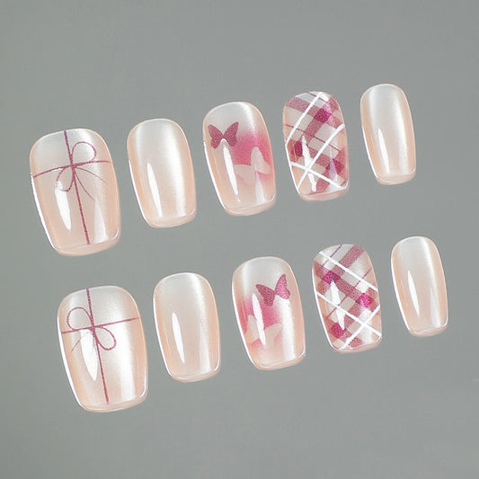Charming Enchantment Elegant Short Square Blush Pink with Delightful Butterfly and Bow Design Press On Nail Set
