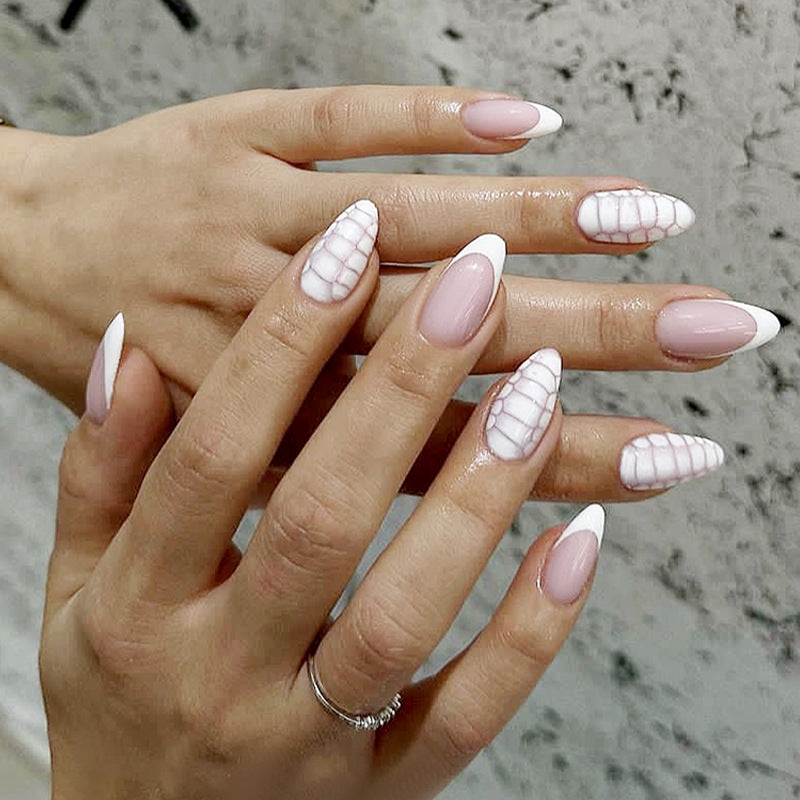 Marble Elegance Long Oval Pink and White Press On Nail Set with Geometric Accents